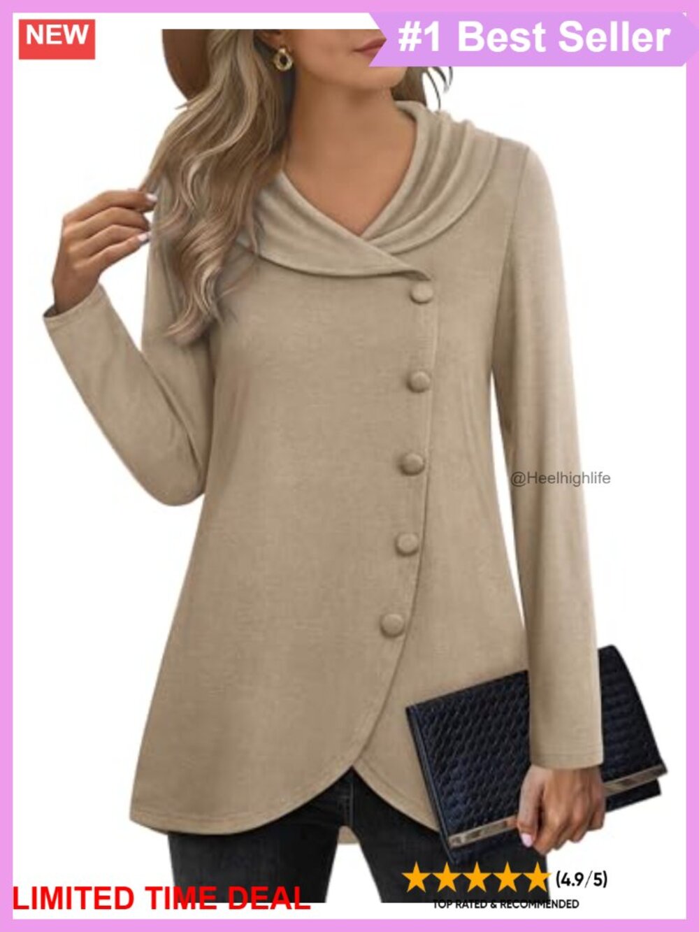 Womens Long Sleeve Tunic Sweatshirt Buttons Side Tulip Hem Pullover